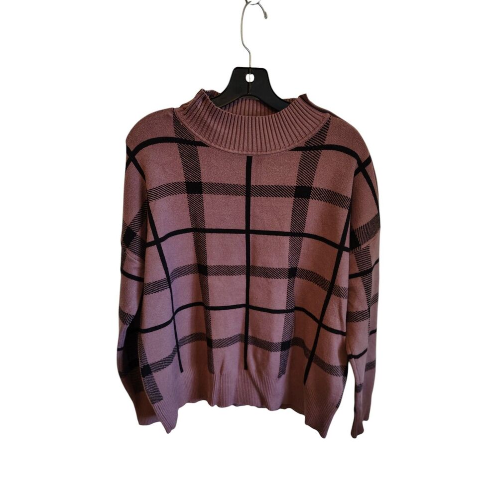 Tahari Mauve Pink & Black Windowpane Plaid Mock Neck Sweater Size XL